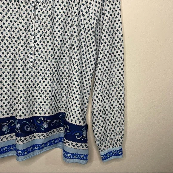 J.Crew Tie-Front Ruffle Top – Blue Ribbon Block Print – Size XL – Organic Cotton - Picture 4 of 9